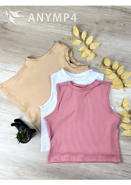 Kadın 3 Lü Adet Fitilli %100 Pamuklu Örme Kaşkorse Crop Bluz Atlet