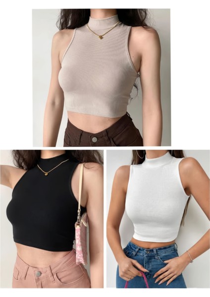 Kadın 3 Lü Adet Fitilli %100 Pamuklu Balıkçı Yaka Örme Kaşkorse Uzun Kol Crop Atlet