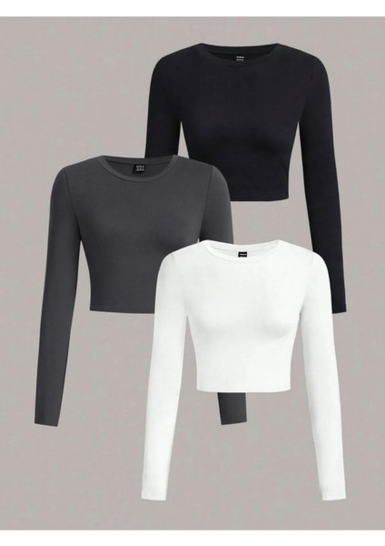 3 Lü Adet Kadın Fitilli Bisiklet Yaka Kaşkorse Crop Bluz