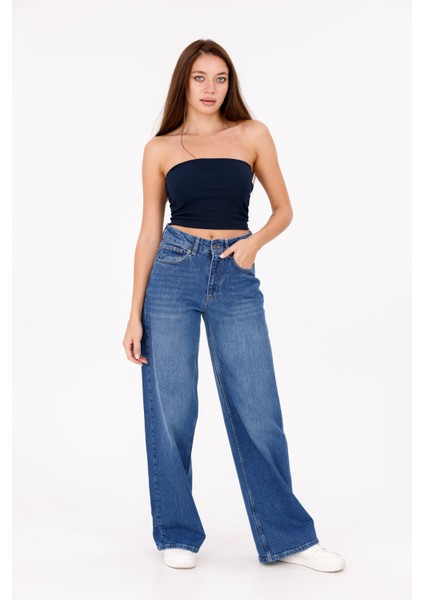 Mavi Tintli Kadın Yüksek Bel Baggy Jean Şık Aranan Pantolon