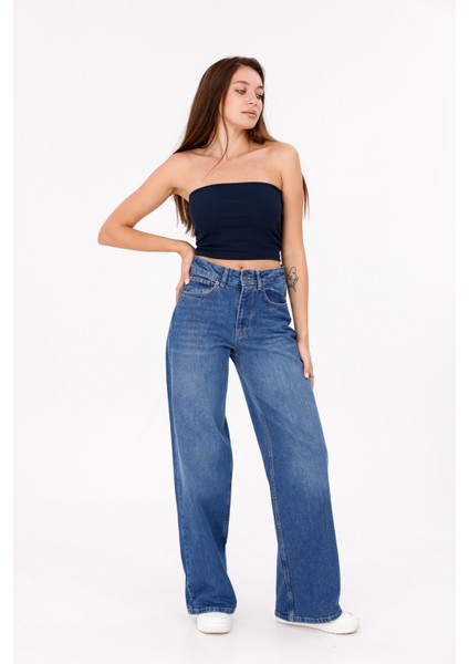 Mavi Tintli Kadın Yüksek Bel Baggy Jean Şık Aranan Pantolon