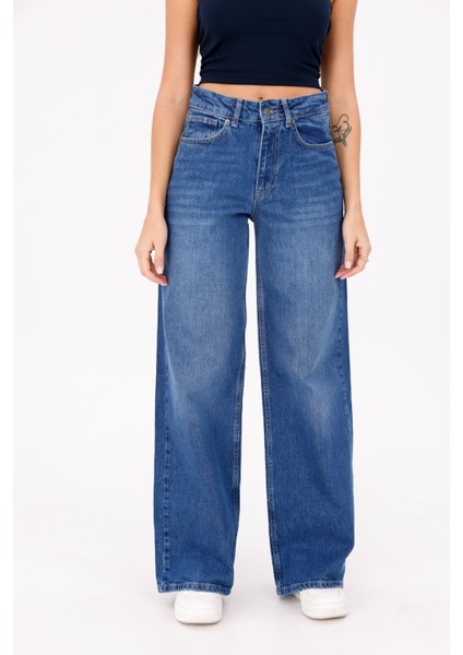 Mavi Tintli Kadın Yüksek Bel Baggy Jean Şık Aranan Pantolon