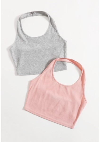 Kadın Çapraz Kolsuz 2 Li Adet Fitilli Crop Basıc Atlet Bluz