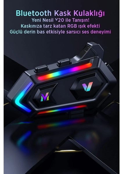 V20 Rgb Işıklı Bluetooth Kask Kulaklığı Uyumlu Işıklı Motorsiklet Interkom – 25 Saat Pil Ömrü