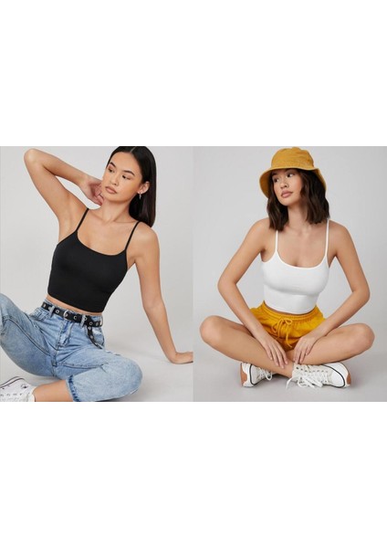 2li Adet Düz Kumaş Likralı Kadın Ince Asklılı Basıc Atlet Crop Bluz