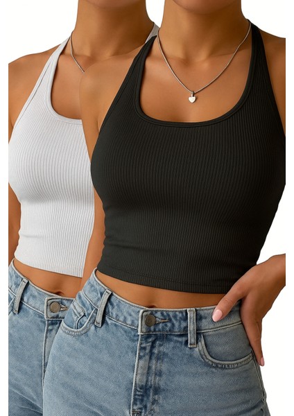 Kadın Oval Yaka Kolsuz 2 Li Adet Fitilli Crop Basıc Atlet Bluz