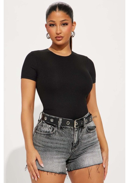 Kadın Fitilli Pamuklu Bisiklet Yaka Örme Kaşkorse T-Shirt Standart Bluz