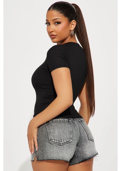 Kadın Fitilli Pamuklu Bisiklet Yaka Örme Kaşkorse T-Shirt Standart Bluz fiyatları