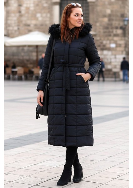 Günlük Kışlık Tam Boy Kürklü Kadın Siyah Şişme Mont