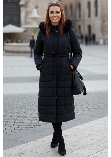 Günlük Kışlık Tam Boy Kürklü Kadın Siyah Şişme Mont fiyatları