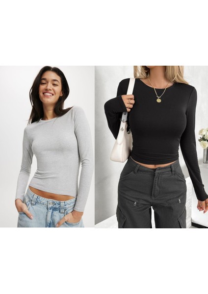 Kadın 2 Li Adet %100 Pamuklu Bisiklet Yaka Örme Düz Uzun Kol Bluz