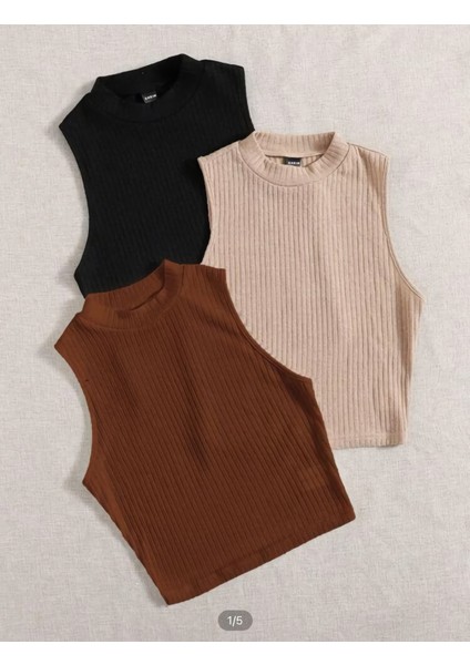 Kadın Balıkçı Yaka Kolsuz 3'lü Paket Örme Bluz