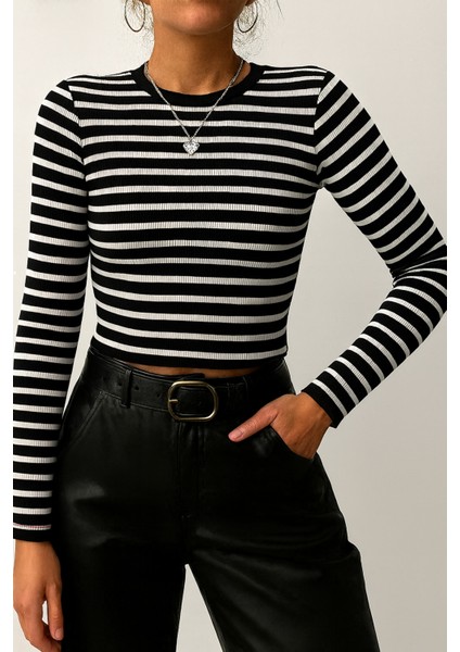 Kadın Fitilli %100 Pamuklu Bisiklet Yaka Çizgili Örme Kaşkorse Uzun Kol Crop Bluz