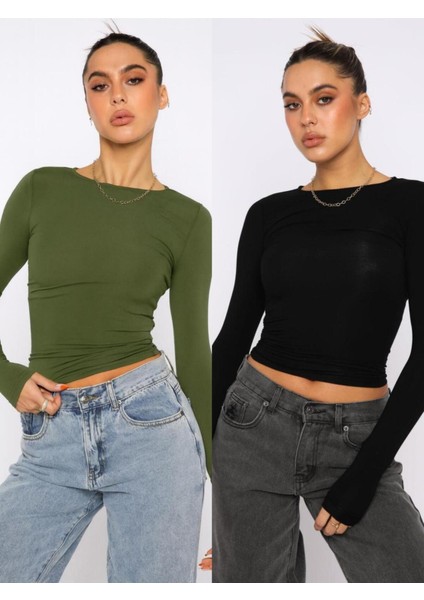 Bisiklet Yaka Basic Düz Kumaş Uzun Kollu Likralı Bluz