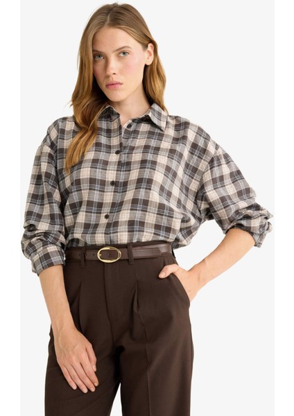 Oversize Geniş Kalıp Kareli Flanel Uzun Kollu Gömlek