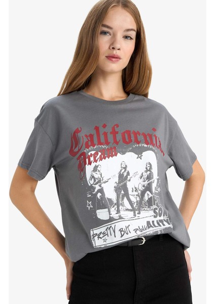 Oversize Geniş Kalıp Bisiklet Yaka Baskılı Kısa Kollu Tişört G2767AX25AU