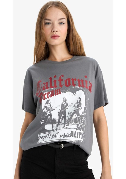 Oversize Geniş Kalıp Bisiklet Yaka Baskılı Kısa Kollu Tişört G2767AX25AU