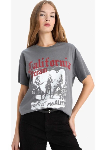 Oversize Geniş Kalıp Bisiklet Yaka Baskılı Kısa Kollu Tişört G2767AX25AU