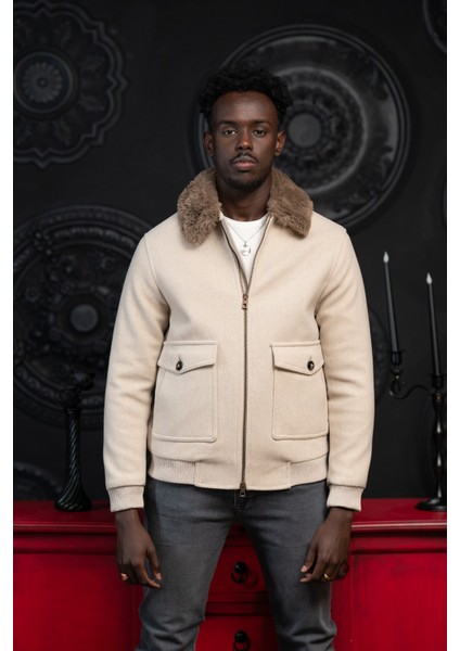 Slimfit Kürklü Sabit Yaka Beli Lastikli Astarlı Kaşe Mont