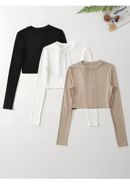 Kadın 3 Lü Adet %100 Pamuklu Bisiklet Yaka Örme Düz Uzun Kol Bluz