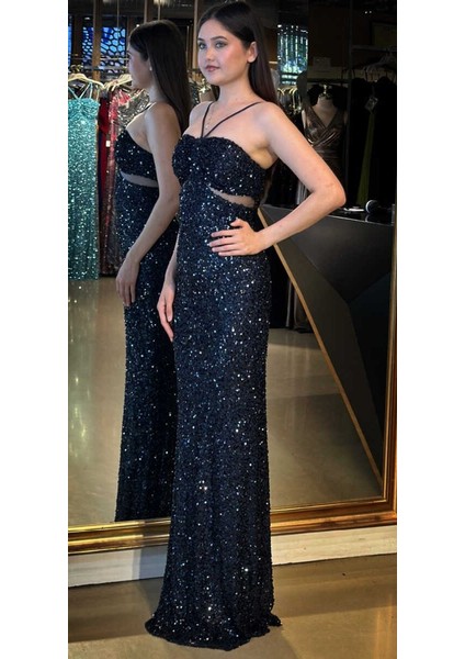 Lacivert Ip Askılı Düz Kesim Payet Uzun Abiye Elbise 7702 fiyatları