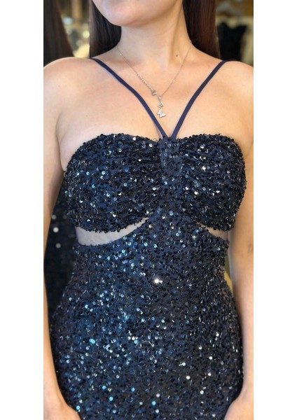 Lacivert Ip Askılı Düz Kesim Payet Uzun Abiye Elbise 7702 fırsatları