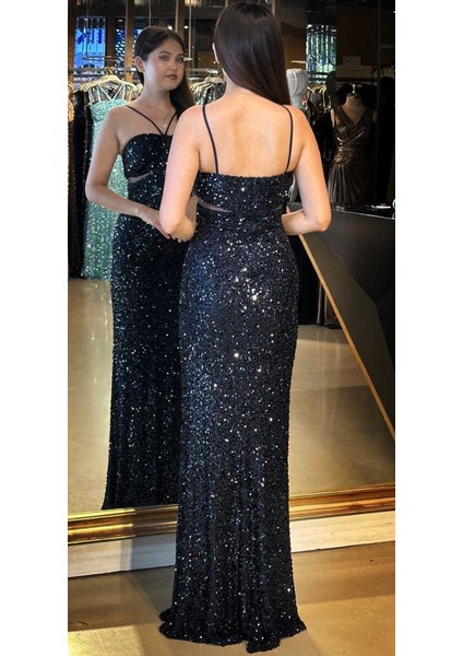 Lacivert Ip Askılı Düz Kesim Payet Uzun Abiye Elbise 7702 indirimleri