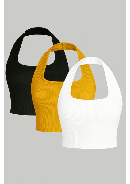 Kadın Çapraz Kolsuz 3 Lü Adet Fitilli Crop Basıc Atlet Bluz