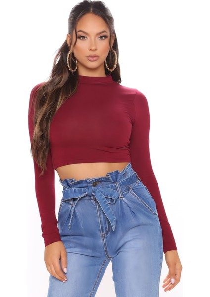 Kadın Siyah Fitilli Yarım Balıkçı Yaka Kaşkorse Crop Bluz