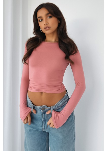 Bisiklet Yaka Basic Düz Kumaş Uzun Kollu Likralı Bluz