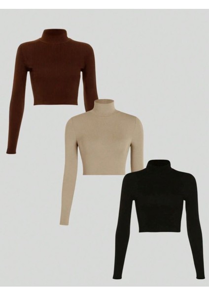 Kadın 3 Lü Adet Fitilli %100 Pamuklu Balıkçı Yaka Örme Kaşkorse Uzun Kol Crop Bluz