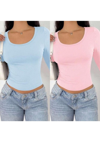 2 Adet Kare Yaka Basic Düz Kumaş Uzun Kollu Likralı Bluz