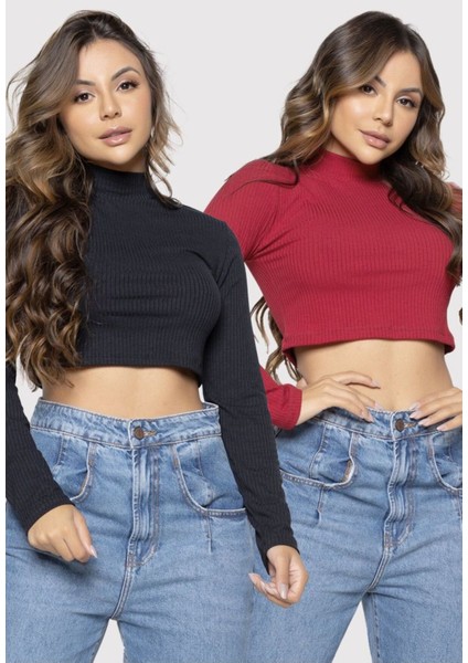 2 Li Adet Kadın Siyah Fitilli Yarım Balıkçı Yaka Kaşkorse Crop Body Bluz