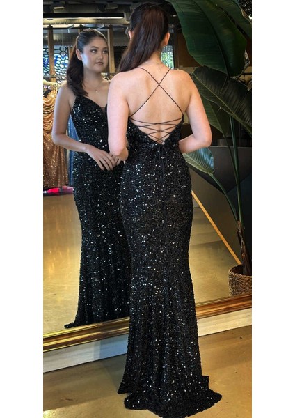 Siyah Ip V Yaka Askılı Sırt Dekolteli Balık Etekli Pul Payet Uzun Abiye Elbise 7714 indirimleri