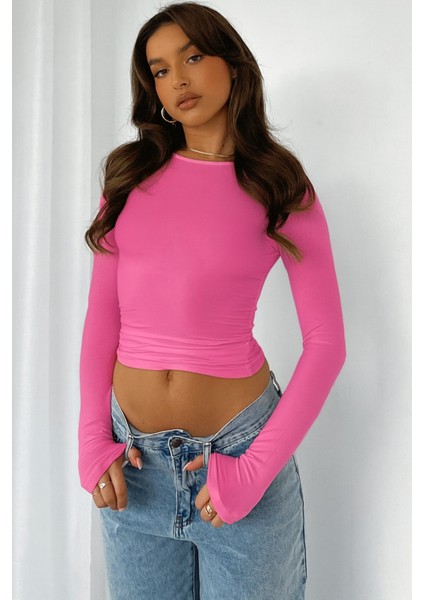 Bisiklet Yaka Basic Düz Kumaş Uzun Kollu Likralı Bluz