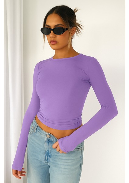 Bisiklet Yaka Basic Düz Kumaş Uzun Kollu Likralı Bluz