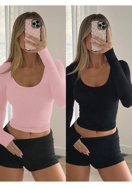 Kare Yaka Basic Düz Kumaş Uzun Kollu Likralı Bluz