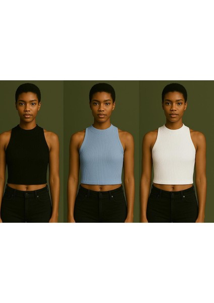 Kadın 3 Lü Adet Fitilli %100 Pamuklu Örme Kaşkorse Crop Atlet Bluz