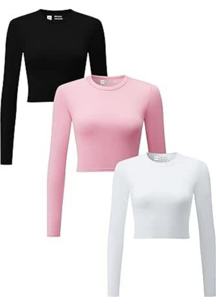 Kadın 3 Lü Adet Fitilli %100 Pamuklu Bisiklet Yaka Örme Kaşkorse Uzun Kol Crop Bluz