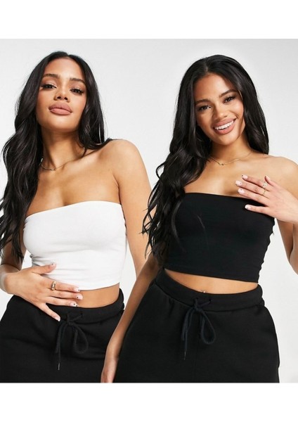 Kadın 2 Li Adet Fitilli %100 Pamuklu Straplez Örme Kaşkorse Crop Bluz