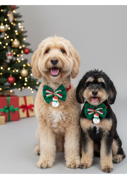 Kardan Adam Köpek Papyon Tasması | Yeşil Kırmızı Fiyonk Boyun Aksesuarı | Noel Temalı Köpek Süsü | Orta ve Büyük Irklar Için indirimleri