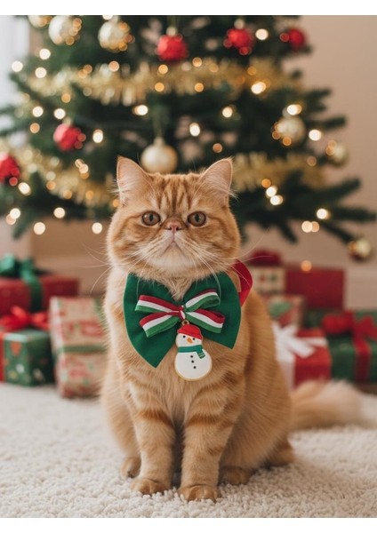 Kardan Adam Kedi Papyon Tasması | Yeşil Kırmızı Fiyonk Boyun Aksesuarı | Noel Temalı Kedi Süsü indirimleri
