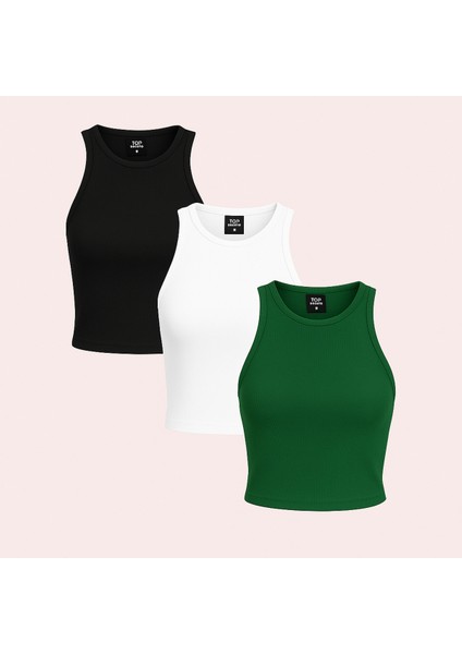 Kadın 3 Lü Adet Fitilli %100 Pamuklu Örme Kaşkorse Crop Atlet Bluz