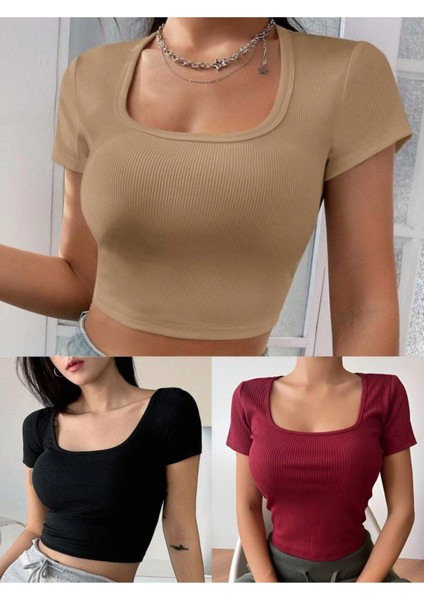 Kadın 3 Lü Adet Siyah Fitilli Pamuklu Örme Kare Yaka Crop T-Shirt Bluz