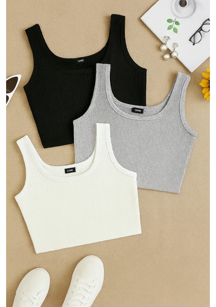 3 Lü Kadın Adın Asklılı Fitilli Crop Basıc Atlet Bluz