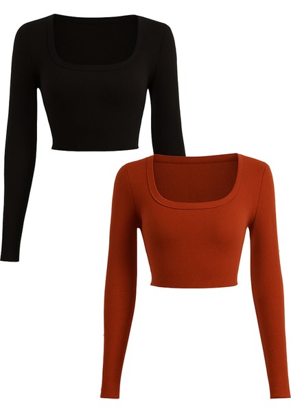 Kadın 2'li Adet Kare Yaka Fitilli Kaşkorse Crop Uzun Kollu Bluz