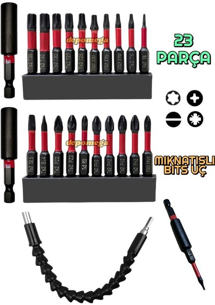 23 Parça Mıknatıslı Bits Uç Yıldız Düz Torx S2 Çelik 50 mm Matkap Uç Bükülebilir Adaptörlü