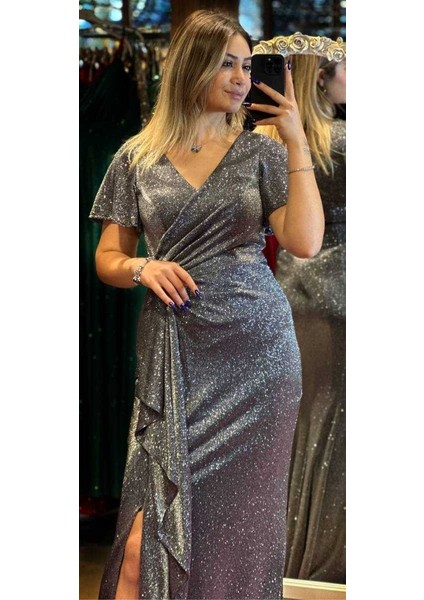 Siyah Gümüş Kısa Kollu Yırtmaçlı Düz Kesim Simli Uzun Abiye Elbise 7439 fiyatları