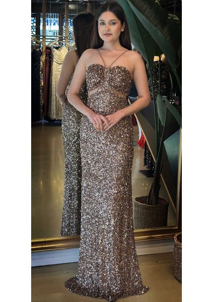 Bakır Renk Ip Askılı Düz Kesim Payet Uzun Abiye Elbise 7702