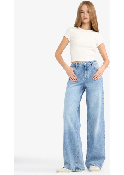 Düşük Bel Uzun Jean Yıkamalı Pantolon